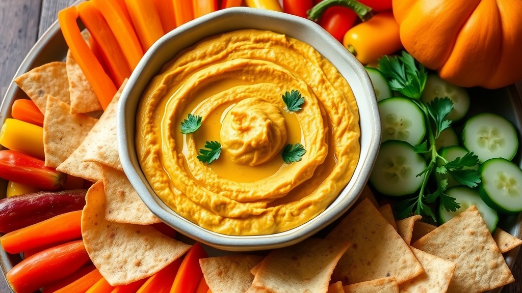 Creamy Pumpkin Hummus with a Twist A colorful display of pumpkin hummus with fresh veggies and pita chips on a wooden table.